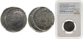 Spain Kingdom 1975 *80 5 Pesetas - Juan Carlos I Copper-nickel (75% copper, 25% nickel) Madrid Mint (322000000) 5.75g NGC MINT ERROR UNC Scratches Dou...