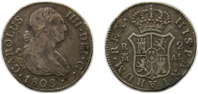 Spain Kingdom 1808 M AI 2 Reales - Carlos IV Silver (.806) Madrid Mint 6g 5.9 KM 430