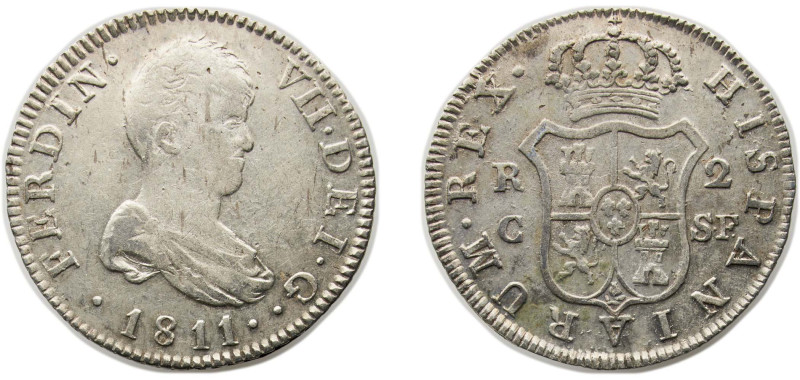 Spain Kingdom 1811 C SF 2 Reales - Fernando VII (With DOT After SF) Silver (.812...