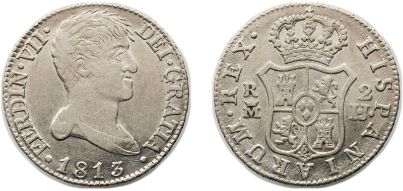 Spain Kingdom 1813 M IG 2 Reales - Fernando VII Silver (.812) Madrid Mint 6g AU ...