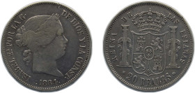 Spain Kingdom 1864 20 Reales - Isabel II Silver (.900) Madrid Mint (2776000) 25.7g VF KM 609.2
