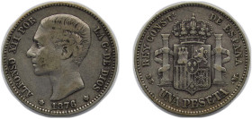 Spain Kingdom 1876 *18-76 DEM 1 Peseta - Alfonso XII (1st portrait) Silver (.835) Madrid Mint (4427000) 5g VF KM 672
