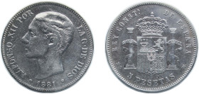 Spain Kingdom 1881 MSM 5 Pesetas - Alfonso XII (2nd portrait) Silver (.900) Madrid Mint (699000) 25g VF KM 676