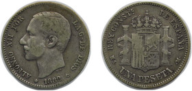 Spain Kingdom 1882 *18-82 MSM 1 Peseta - Alfonso XII (2nd portrait) Silver (.835) Madrid Mint (3505024) 5g VF KM 686