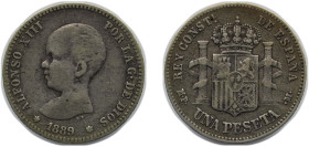 Spain Kingdom 1889 MPM 1 Peseta - Alfonso XIII (1st portrait) Silver (.835) Madrid Mint (760000) 5g VF KM 691