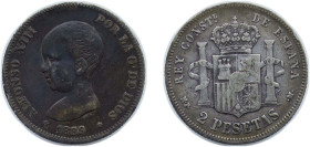 Spain Kingdom 1889 MPM 2 Pesetas - Alfonso XIII (1st portrait) Silver (.835) Madrid Mint (559000) 10g VF KM 692