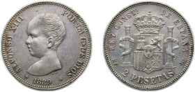 Spain Kingdom 1889*18-89 MPM 2 Pesetas - Alfonso XIII (1st portrait) Silver (.835) Madrid Mint (559000) 10g AU KM 692