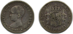 Spain Kingdom 1891 PGM 1 Peseta - Alfonso XIII (1st portrait) Silver (.835) Madrid Mint (4948225) 5g VF KM 691