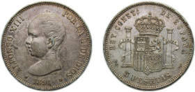 Spain Kingdom 1891*18-91 PGM 5 Pesetas - Alfonso XIII (1st portrait) Silver (.900) Madrid Mint (11659556) 25g AU KM 689