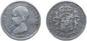 Spain Kingdom 1892 *18-92 PGM 2 Pesetas - Alfonso XIII (1st portrait) Silver (.835) Madrid Mint (1379000) 10g VF KM 692