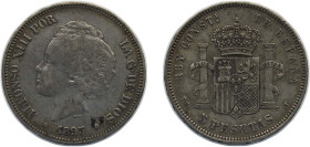 Spain Kingdom 1893 *18-93 PGL 5 Pesetas - Alfonso XIII (2nd portrait) Silver (.900) Madrid Mint (2500000) 25g VF KM 700