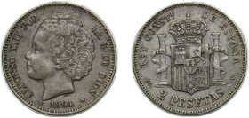 Spain Kingdom 1894 PGV 2 Pesetas - Alfonso XIII (2nd portrait) Silver (.835) Madrid Mint (279000) 10g XF KM 704