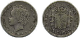 Spain Kingdom 1894 PGV 1 Peseta - Alfonso XIII (2nd portrait) Silver (.835) Madrid Mint (1044000) 5g VF KM 702