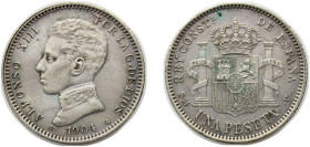 Spain Kingdom 1904 *19-04 SMV 1 Peseta - Alfonso XIII (4th portrait) Silver (.835) Madrid Mint (5294000) 5g XF KM 721