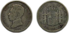 Spain Kingdom 1905 *19-0? SMV 1 Peseta - Alfonso XIII (4th portrait) Silver (.835) Madrid Mint (492000) 5g VF KM 721