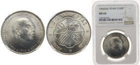 Spain Kingdom 1966 *19-66 100 Pesetas - Francisco Franco Silver (.800) Madrid Mint (15045000) 19g NGC MS 64 KM 797
