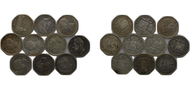 Spain Kingdom 1870-1926 50 Centimos (10 Lots, With Manila 10 Centavos) Silver (....