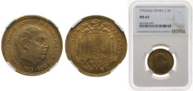 Spain Nationalist Government 1953 *19-56 2½ Pesetas - Francisco Franco Aluminium bronze (90% copper, 10% aluminum) Madrid Mint (30322000) 7g NGC MS 65...