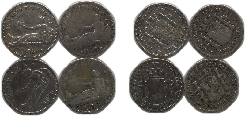 Spain Provisional Government 1869-1870 1 Peseta (4 Lots) Silver (.835) Madrid Mi...