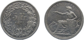 Switzerland Federal State 1874 B 5 Francs (Helvetia seated) Silver (.900) (10% copper) Bern Mint (196000) 25g XF HMZ 2 1197 Divo/Tob19 295 KM 11 Schön...