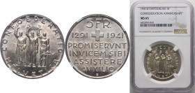 Switzerland Federal State 1941 B 5 Francs (Anniversary of the Confederation) Silver (.835) (16.5% copper) Bern Mint (100150) 15g NGC MS 65 HMZ 2 1223f...