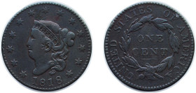 United States Federal republic 1818 1 Cent "Liberty Head / Matron Head" (Type 1) Copper Philadelphia Mint (3167000) 10.7g VF KM 45.1