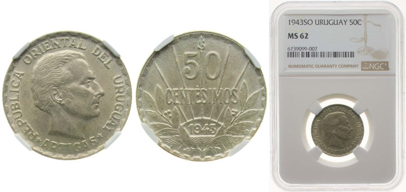 Uruguay Oriental Republic of Uruguay 1943 So 50 Centésimos Silver (.720) Santiag...