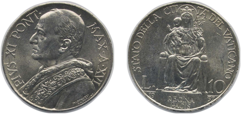 Vatican City City State 1937 10 Lire - Pius XI Silver (.835) Rome Mint (40000) 1...