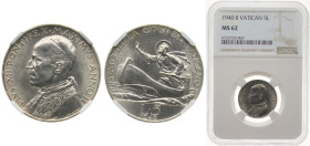 Vatican City City State 1940 5 Lire - Pius XII Silver (.835) Rome Mint (100000) 5g NGC MS 62 KM 28
