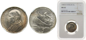 Vatican City City State 1940 5 Lire - Pius XII Silver (.835) (100000) 5g NGC MS 65 KM 28