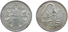 Western African States Economic Community 1972 500 Francs CFA (Monetary Union) Silver (.900) (Copper .100) Paris Mint (100000) 25g UNC KM 7 Schön 16