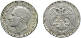 Yugoslavia Kingdom 1932 50 Dinara - Aleksandar I Silver (.750) Royal Mint (Tower Hill) (5500000) 23.3g AU KM 16 Schön 10