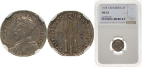 Zimbabwe Southern Rhodesia British colony 1934 3 Pence - George V Silver (.925) Royal Mint (Tower Hill) (628000) 1.41g NGC MS 62 KM 1 Schön 3