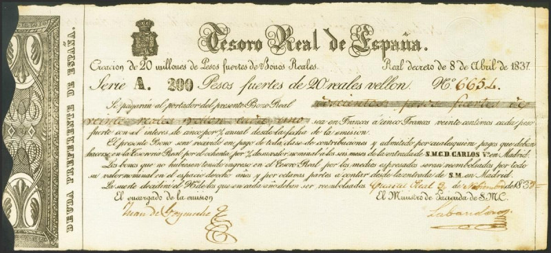 200 Pesos Fuertes de 20 Reales de Vellón. Tesoro Real de España. 8 de Abril de 1...