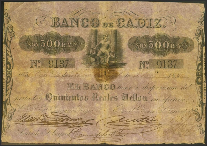 500 Reales. 1 de Febrero de 1846. Emisión I. (Edifil 2021: 72). Habituales erosi...