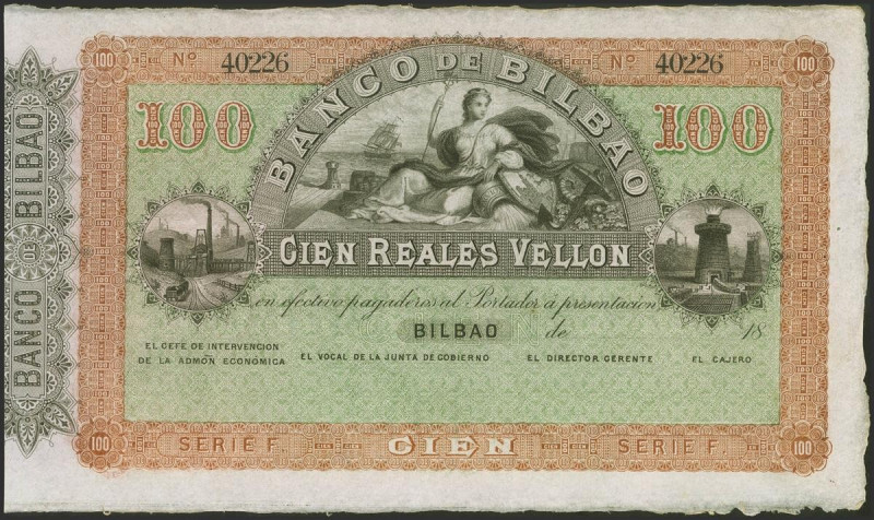 100 Reales. 21 de Agosto de 1857. Banco de Bilbao. Serie F, sin firmas y con num...