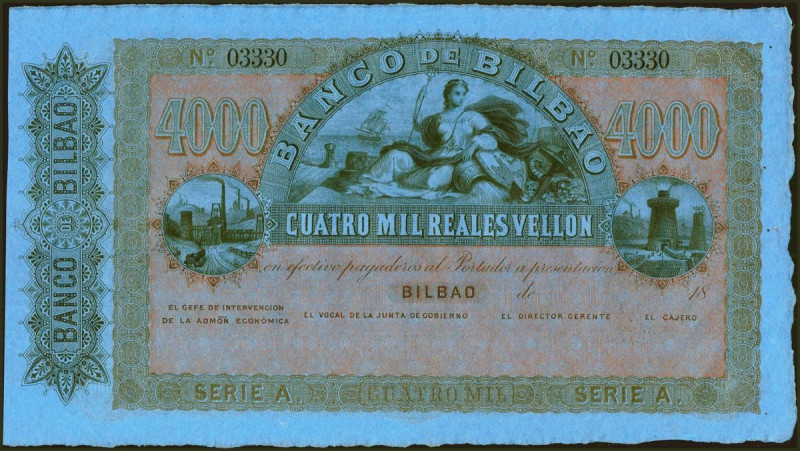 4000 Reales. 21 de Agosto de 1857. Banco de Bilbao. Serie A, sin firmas y con nu...