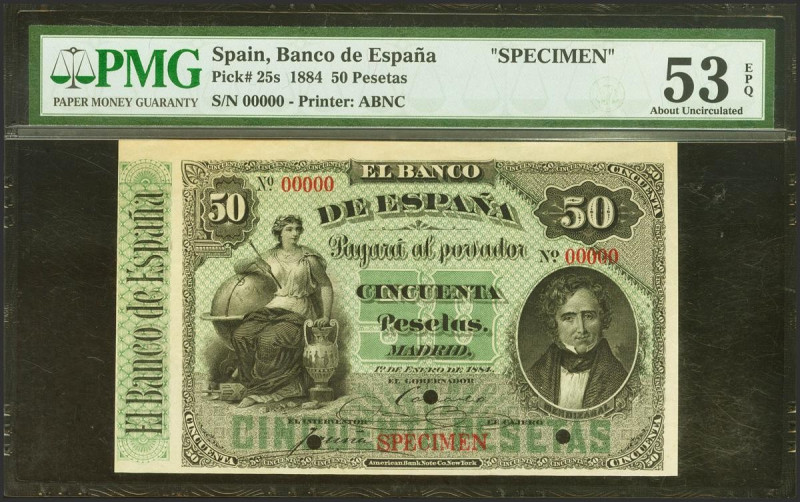 50 Pesetas. 1 de Enero de 1884. Numeración 00000, sin serie y SPECIMEN. (Edifil ...