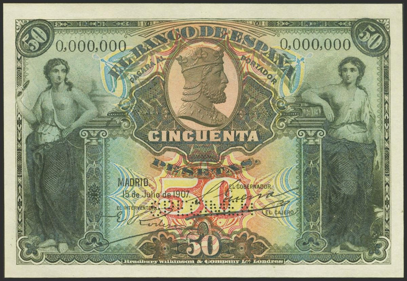 50 Pesetas. 15 de Julio de 1907. Numeración 0,000,000 y taladro SPECIMEN. (Edifi...