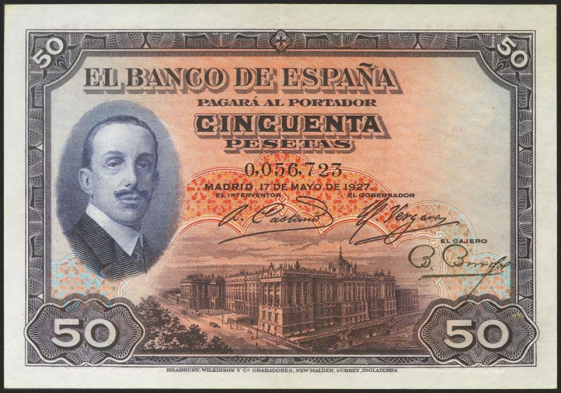 50 Pesetas. 17 de Mayo de 1927. Sin serie y con numeración bajísima. (Edifil 202...