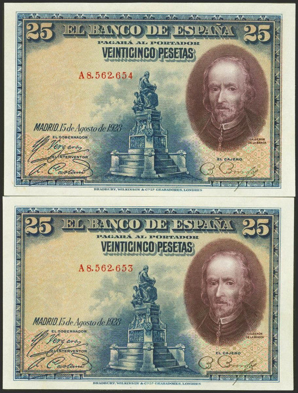 25 Pesetas. 15 de Agosto de 1928. Pareja correlativa. Serie A. (Edifil 2021: 328...