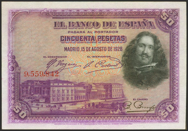 50 Pesetas. 15 de Agosto de 1928. Sin serie. (Edifil 2021: 329). Inusual, conser...