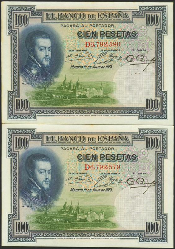 100 Pesetas. 1 de Julio de 1925. Pareja correlativa. Serie D. (Edifil 2021: 350)...