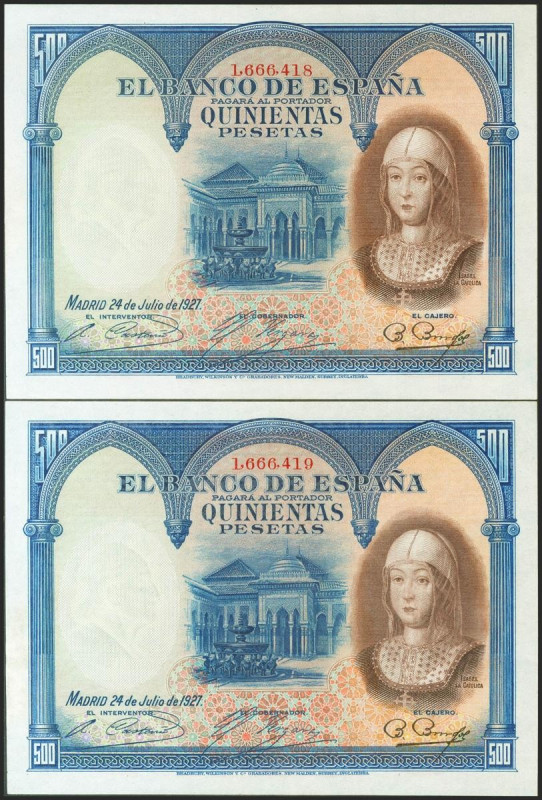 500 Pesetas. 24 de Julio de 1927. Pareja correlativa. Sin serie y posterior a 16...