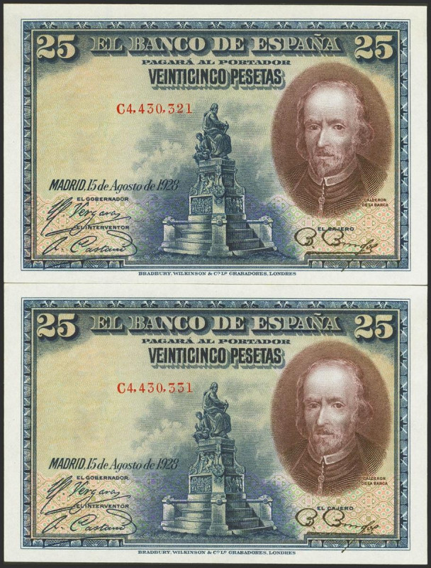 25 Pesetas. 15 de Agosto de 1928. Pareja correlativa. Serie C. (Edifil 2021: 353...