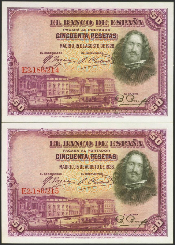 50 Pesetas. 15 de Agosto de 1928. Pareja correlativa. Serie E. (Edifil 2021: 354...