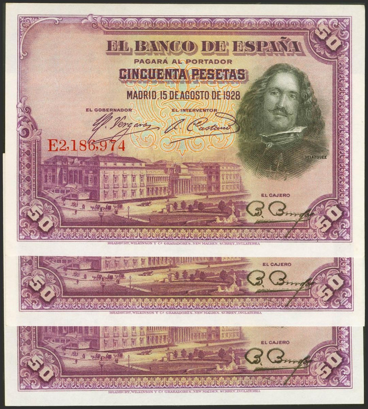 50 Pesetas. 15 de Agosto de 1928. Trío correlativo. Serie E. (Edifil 2017: 354)....