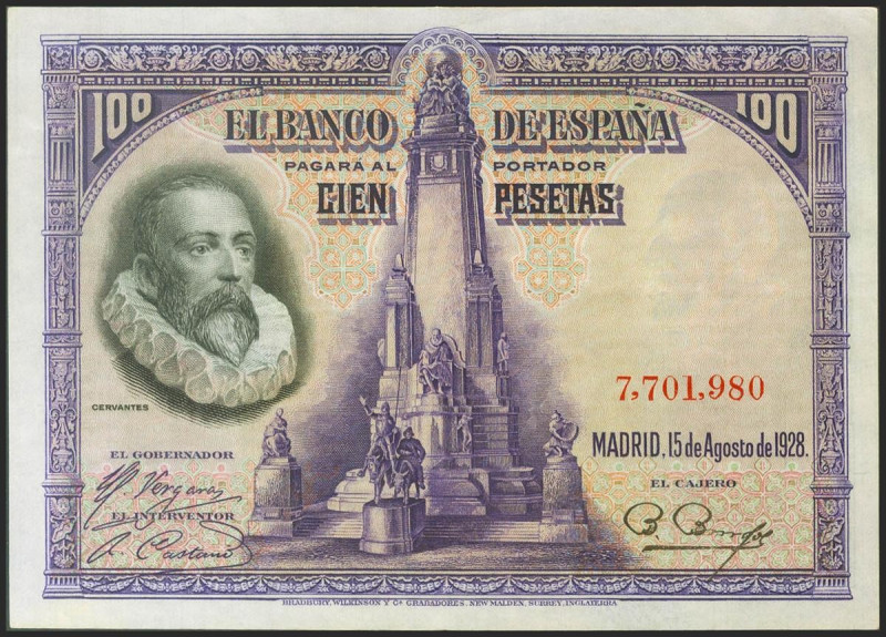 100 Pesetas. 15 de Agosto de 1928. Sin serie. (Edifil 2021: 355). Conserva gran ...