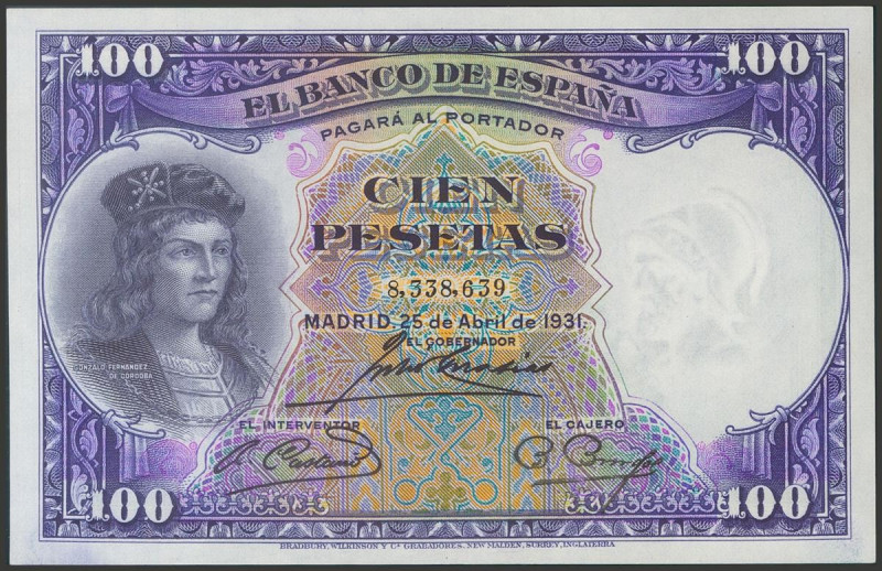 100 Pesetas. 25 de Abril de 1931. Sin serie. (Edifil 2017: 360). Conserva todo s...