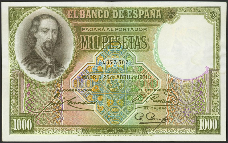 1000 Pesetas. 25 de Abril de 1931. Sin serie. (Edifil 2021: 362). Manchita lavad...